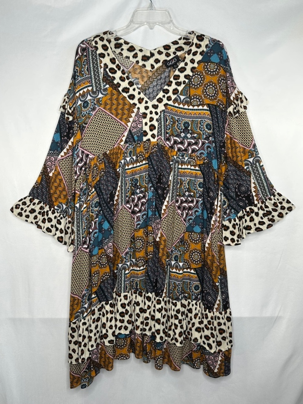Gigio Boho Chic Tunic Dress Patchwork Bell Sleeves & Ruffle Hem Babydoll  Size L